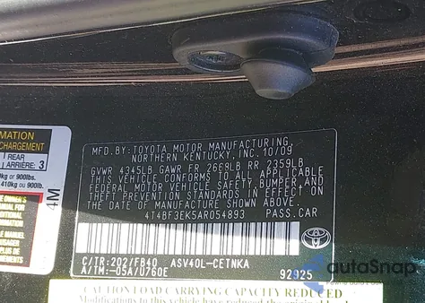 2010 Toyota Camry Le из США, поврежденный, VIN 4T4BF3EK5AR054893